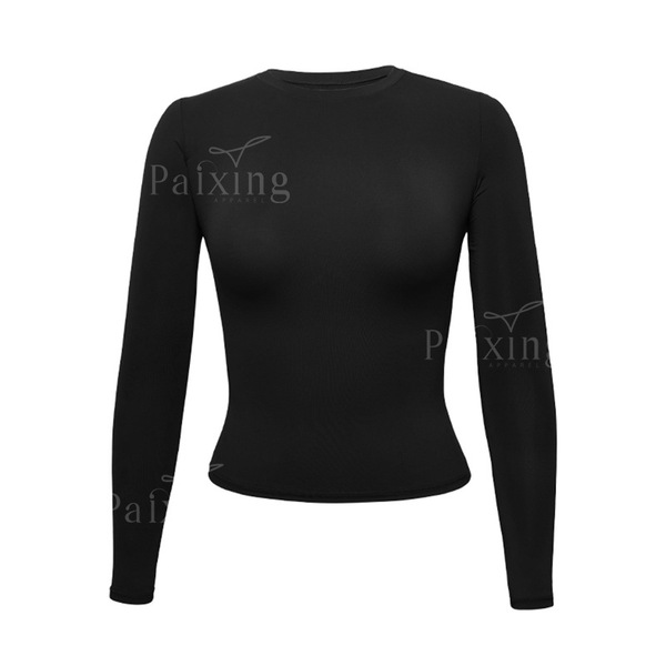 Skim-Style Seamless Black Long-Sleeve Top, Slim Fit, Comfortable Base Layer, Women's Thin Round-Neck Early Autumn Base Layer