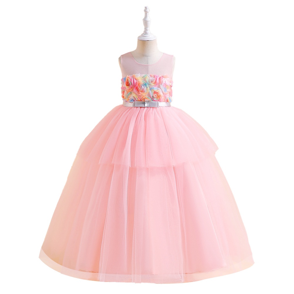 Vestido de niña estilo europeo y americano 2026, modelo de falda de pastel para pasarela, vestido de princesa para niña de las flores en bodas.