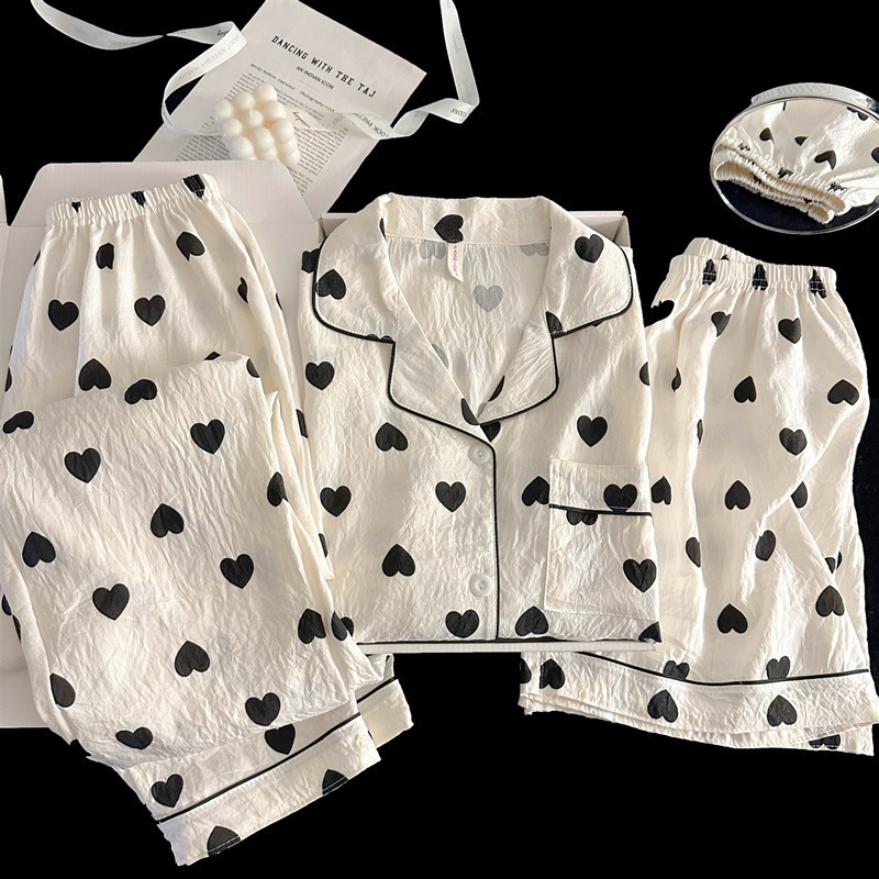 Pijamas de amor dulce de color, pantalones de manga corta de hilo de algodón de nube de verano para mujer, cárdigan de tres piezas, servicio a domicilio