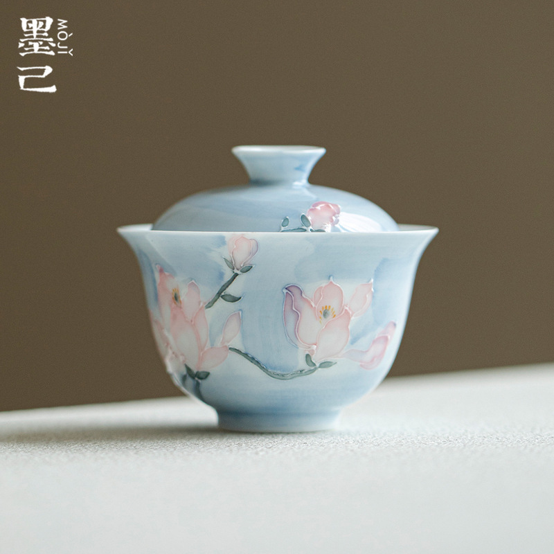 墨己手绘墨染玉兰花薄胎陶瓷盖碗功夫茶具家用泡茶碗高颜值盖碗|undefined