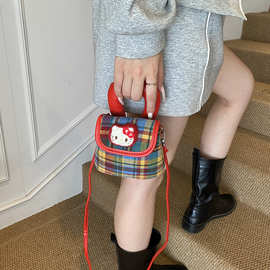 新款韩国版呢子格纹女童迷你女儿童小猫手提单肩斜挎配饰小包包女