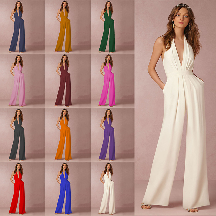 Cross-border foreign trade women's fashion banquet dress jumpsuit women's sexy deep V-neck halter wide-leg trousers one-piece pants