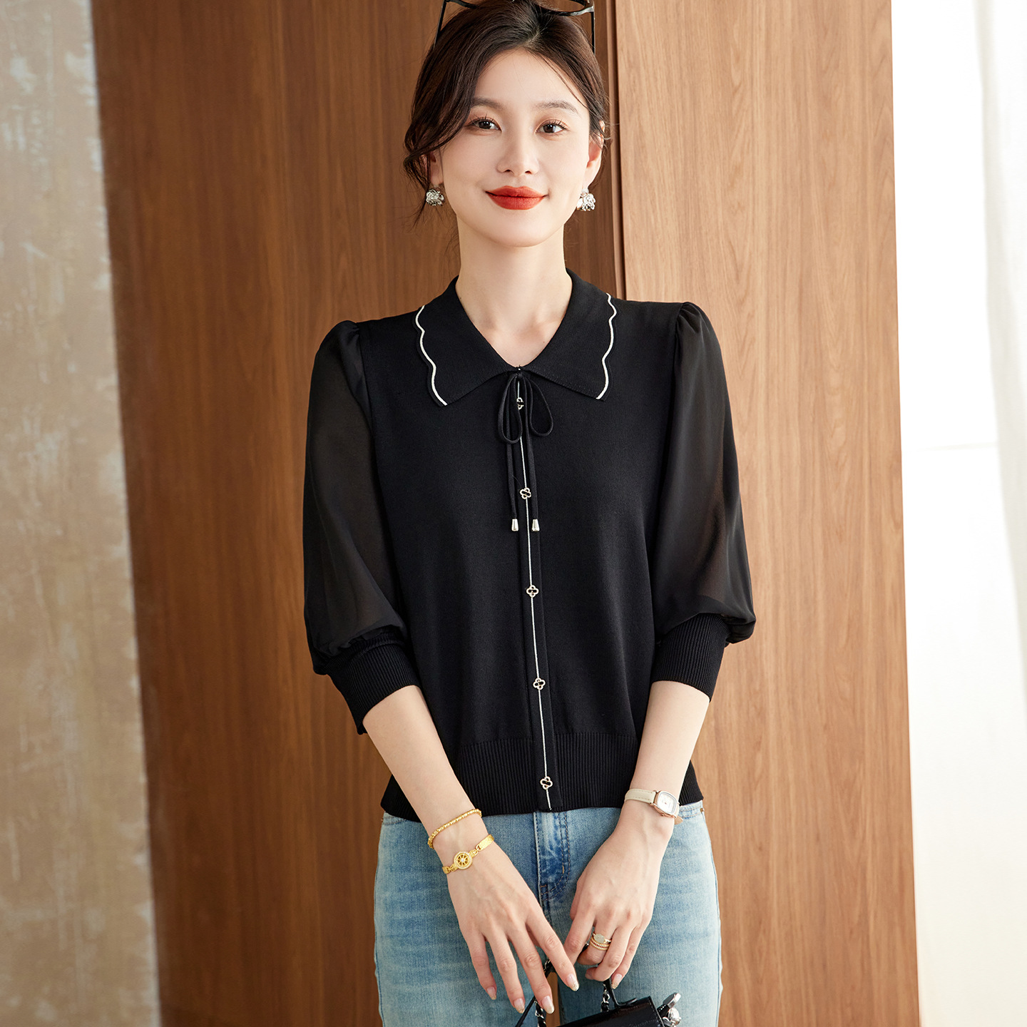 Women's Good-Looking Knitwears for Spring and Autum Outer Wear, Doll Collar Tops, Elegant and High-End Age-Reducing Bottoming Sweaters