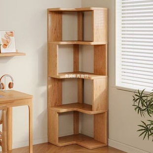Trendy Solid Wood Corner Bookshelf Natural Wood Bookcase Storage Rack Multi-Layer Storage Organizer Corner Simple Floor-Standing Bookcase