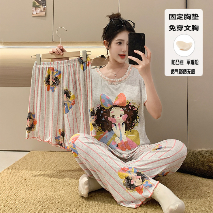 Pijamas de algodón modal para niñas dopamina, pantalones de manga corta de verano para mujer, lindo traje de tres piezas con almohadilla para el pecho, servicio a domicilio