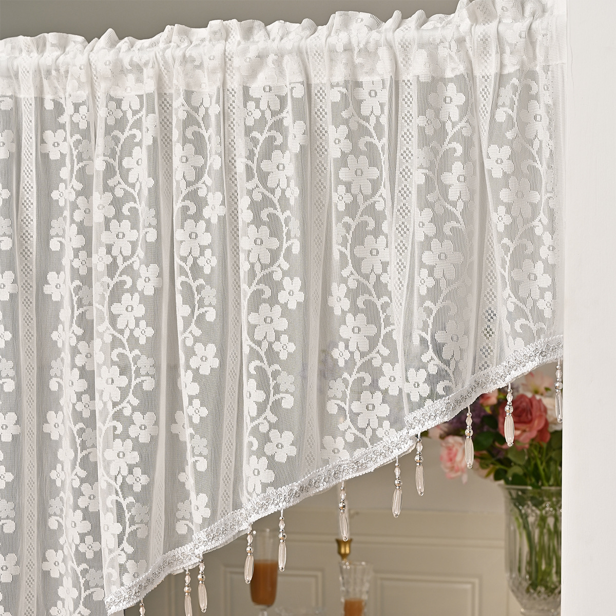 Transfronterizos de urdimbre encaje vertical rosas tubo de cuentas triangulares cortinas yarn a través de la barra de presión de alambre 2pcs cortinas cortinas terminadas