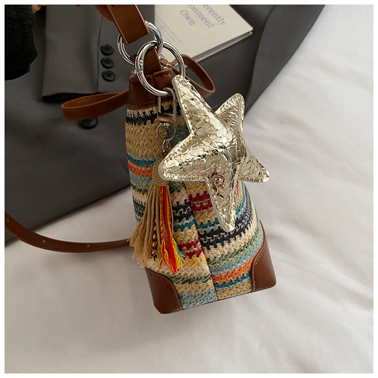 Fashionable straw woven bag for women 2025 summer new trendy woven single-shoulder crossbody women's bag, versatile bucket bag with patchwork undefined