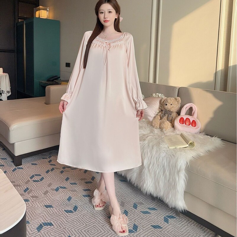 Long-Sleeved Nightgown with Breast Pads for Women, Autumn Sexy Lace-Trimmed V-Neck Ice Silk Nightgown, Super Long Dress, Home Wear