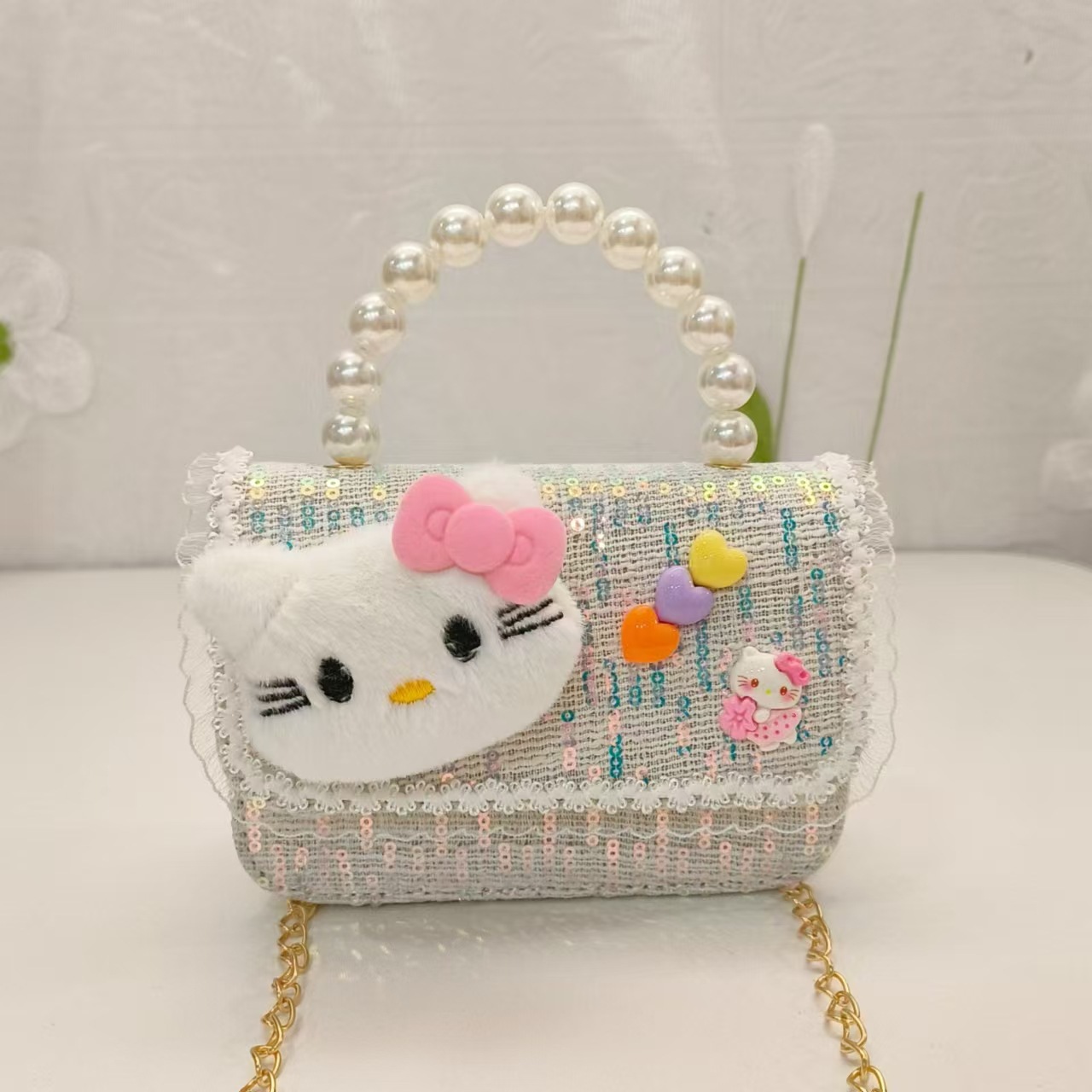 Bolsa de perla de dibujos animados de un hombro con una pequeña bolsa de cambio de viento bolsa de accesorios de niños bolsos cuadrados cadenas mochila de chicas