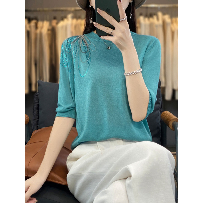 Shoulder Sequin Decorated Knitted Short-Sleeved Tops for Women 2025 Summer New Heavy Fashion Round Neck Pure Color T-Shirt Trend