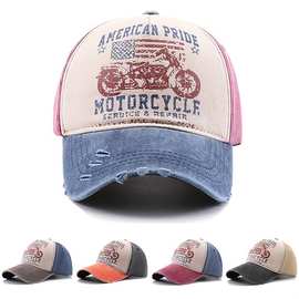 跨境水洗棒球帽摩托车印花遮阳帽美国刺绣做旧鸭舌帽卡车司机帽子