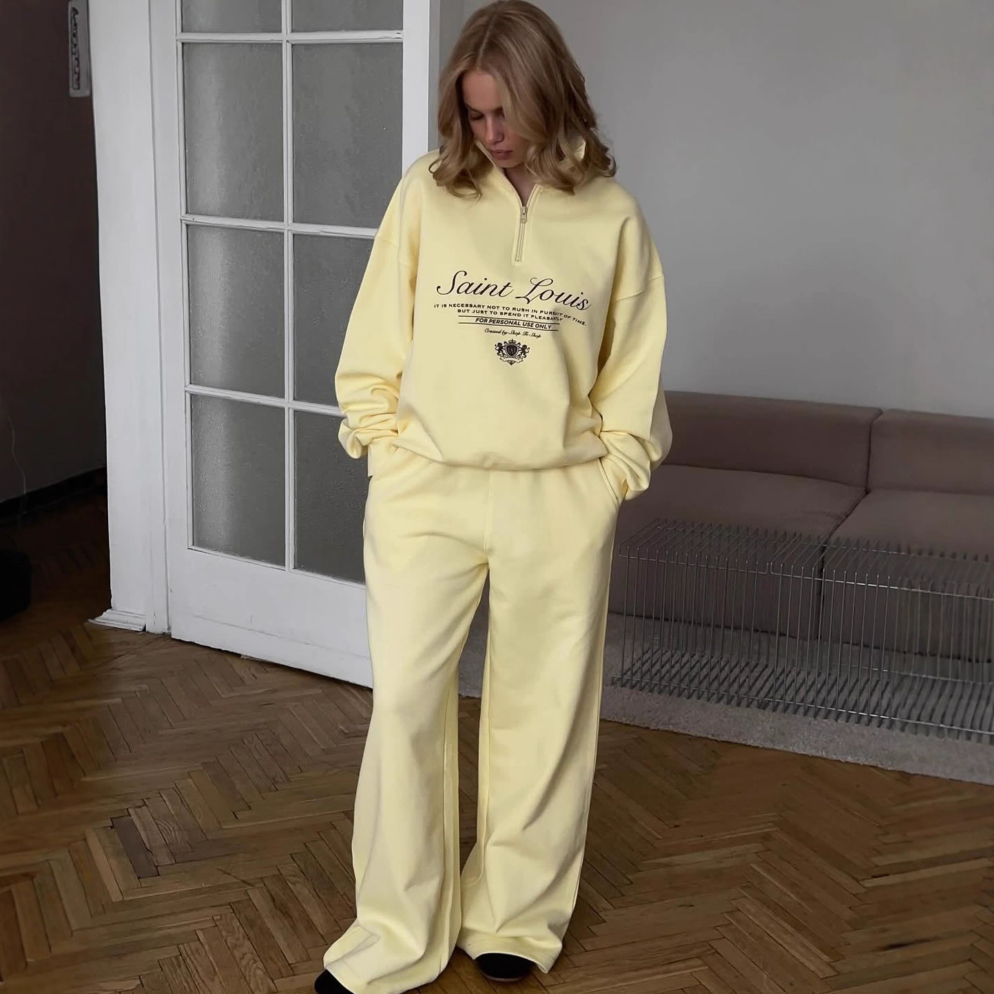 Unisex Oversized Letter Print Half-Zip Sweatshirt & Straight-Leg Joggers Set (95% Organic Cotton, Gender-Neutral Streetwear, Minimalist Aesthetic)_voghion.com