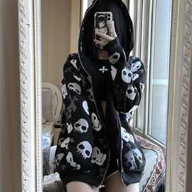 暗黑风骷髅开衫卫衣女春秋oversize宽松连帽拉链薄款外套ins潮