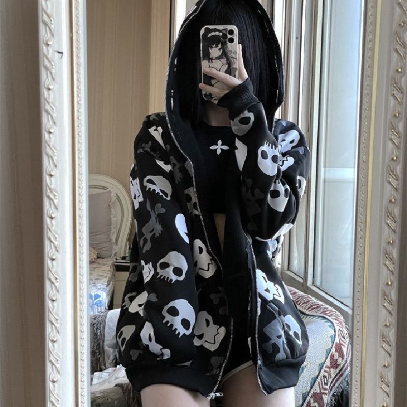 Dark Style Skull Cardigan Sweater Women's Spring and Autumn oversize Loose Hooded Zipper Thin Jacket ins Trendy