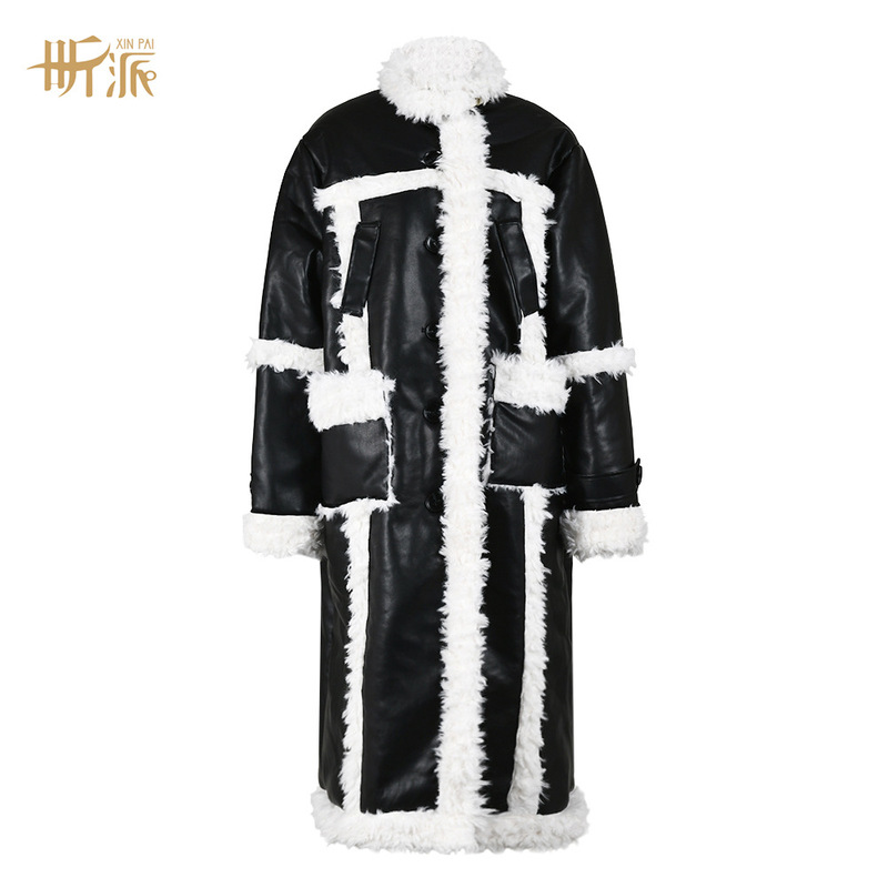European and American style design sense leather coat autumn and winter new velvet high quality cross-border black and white contrast color fur coat for women