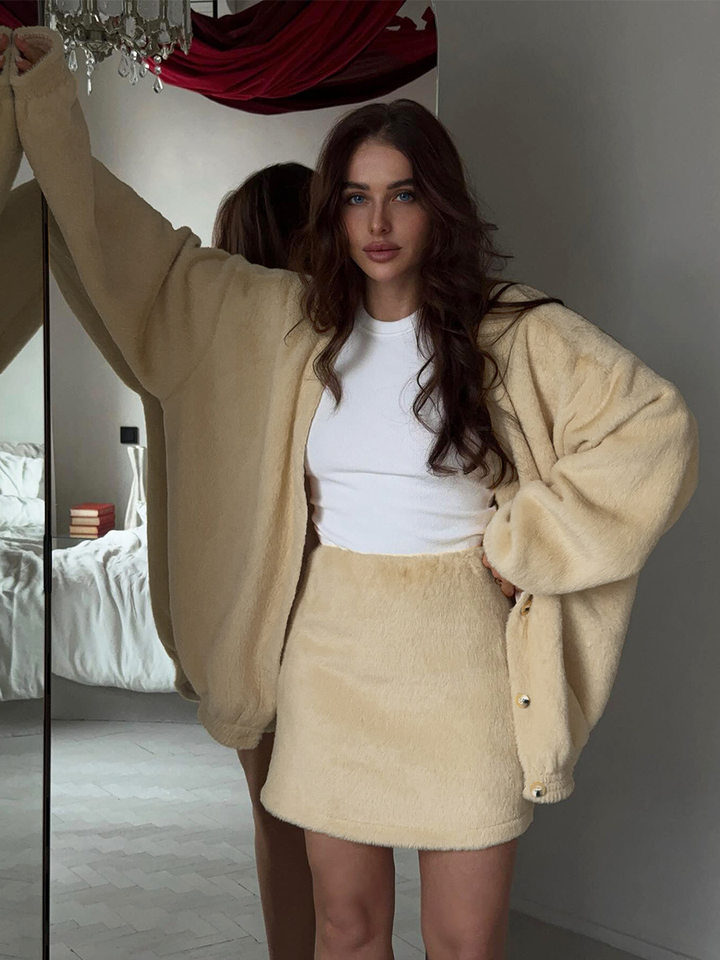 Bộ đầm nữ áo cardigan dệt kim lông mềm tay dài phối chân váy ngắn — Kaki