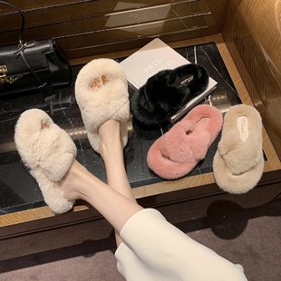 2024 Autumn and Winter New Outerwear Furry Slippers for Women Korean Style Student Internet Celebrities Same Style Furry Cross Cotton Slippers for Women
