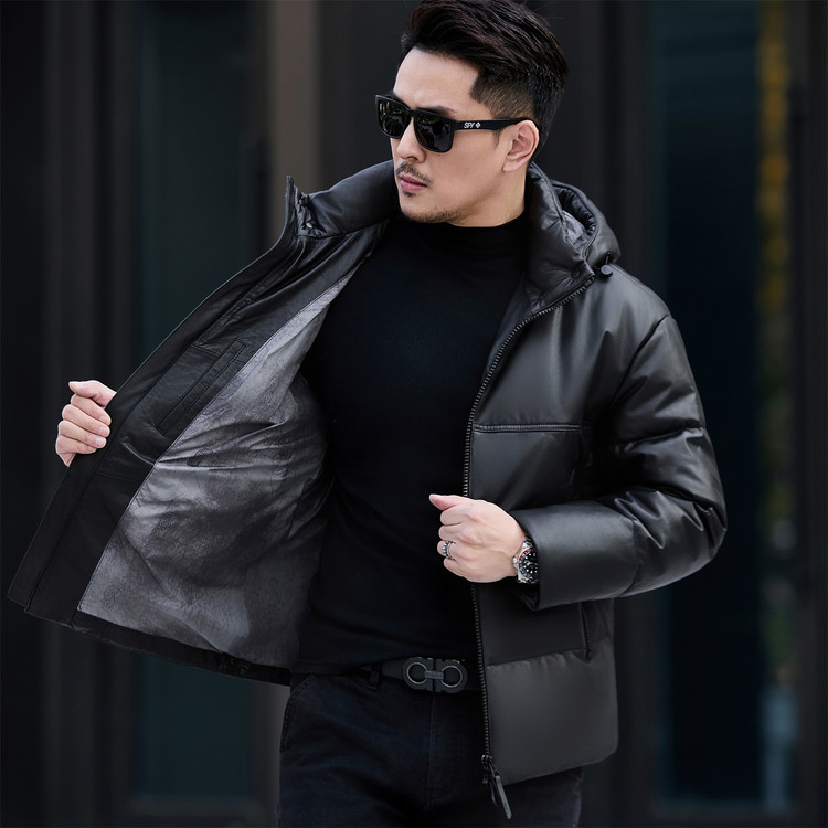 90 구스 다운 다운 재킷 진짜 소 가죽 남성 가죽 자켓 짧은 두꺼운 새로운 남성 화이트 구스 다운 dropshipping
