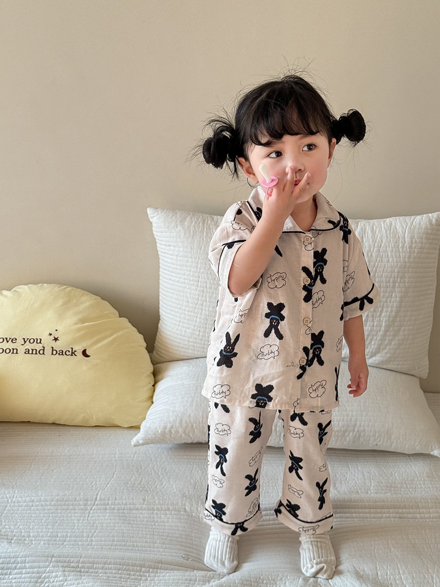 Sugar Pear ropa infantil niñas ropa doméstica set 2025 ropa de primavera nueva clase de niños A gaza transpirable pijamas de bebé