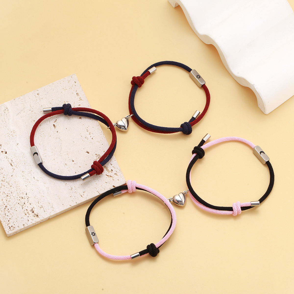 Fashion Sun Heart Shape Stainless Steel Alloy rope Couple Bracelets 1 Pair