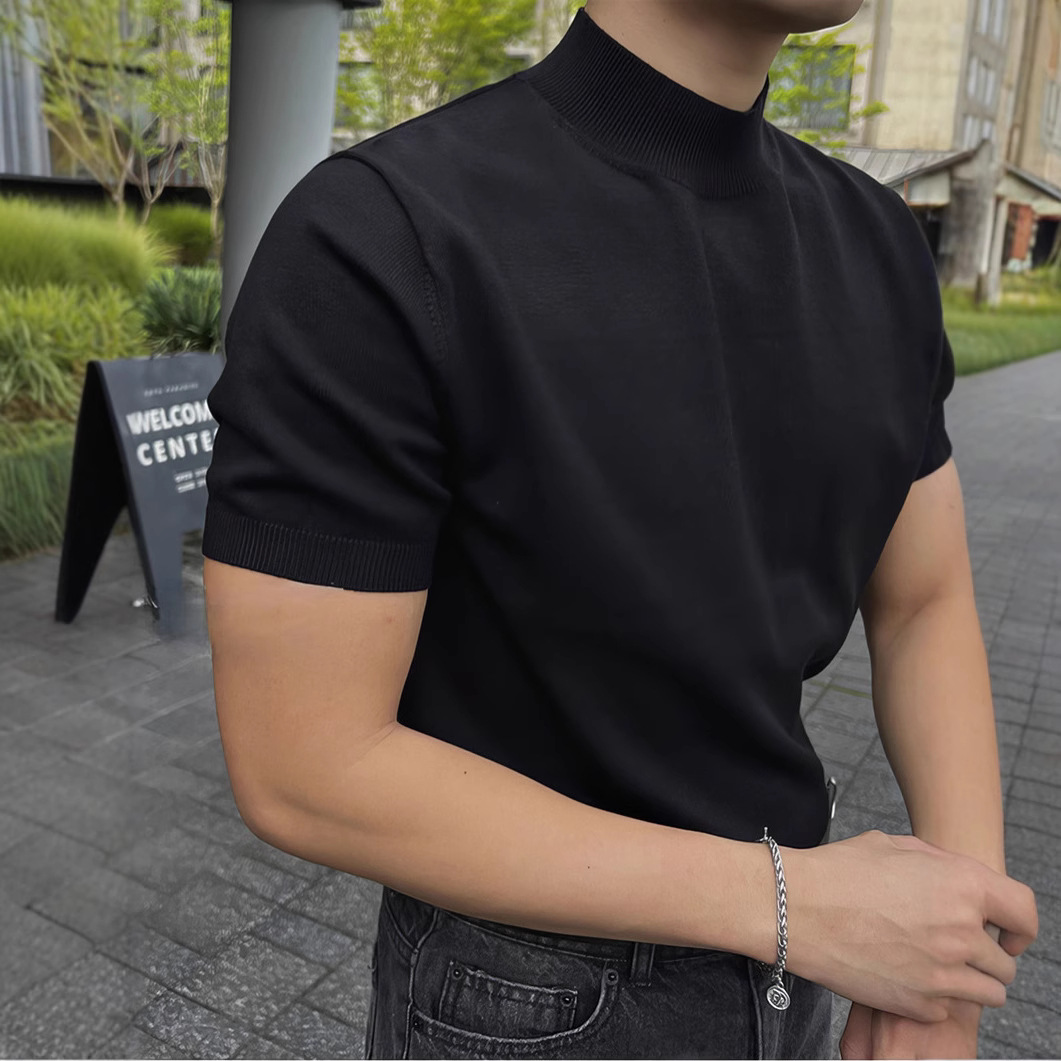 블랙 하프 터틀넥 풀오버 니트 티셔츠 남성용 아메리칸 스타일 남성용 반팔 스웨터 트렌디 슬림핏 하프 슬리브 셔츠