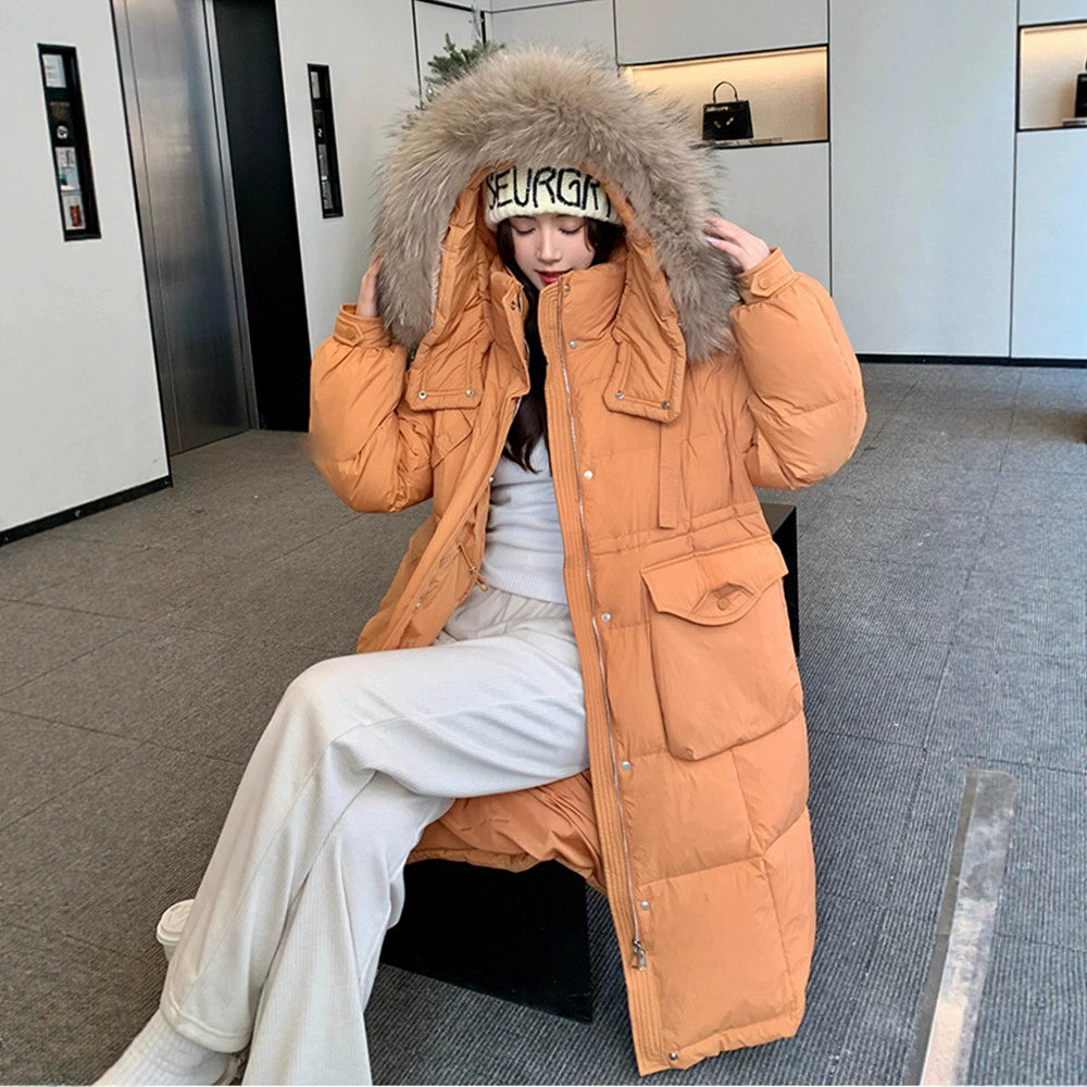 2025 новый корейский стиль, очень большой размер, утолщенная длинная пуховая куртка с капюшоном для женщин, моделирующая фигуру и утягивающая талию, D128