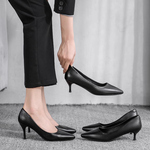 Stylish Women's High Heels  New Elegant Formal Pumps Pointed Toe Thin Heel Professional Work Shoes Black Leather Shoes