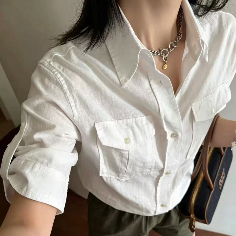 Summer Linen-Cotton Relaxed Fit for Commuting, Stylish and Cool, Very Chic, Short-Sleeved Shirt with Rolled Cuffs and Ribbed Hem