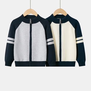 Factory Direct Sales New Spring and Autumn Thin Children's Knitted Cardigan Korean Version Color-Blocking Boys' Cotton Zipper Sweater Jacket