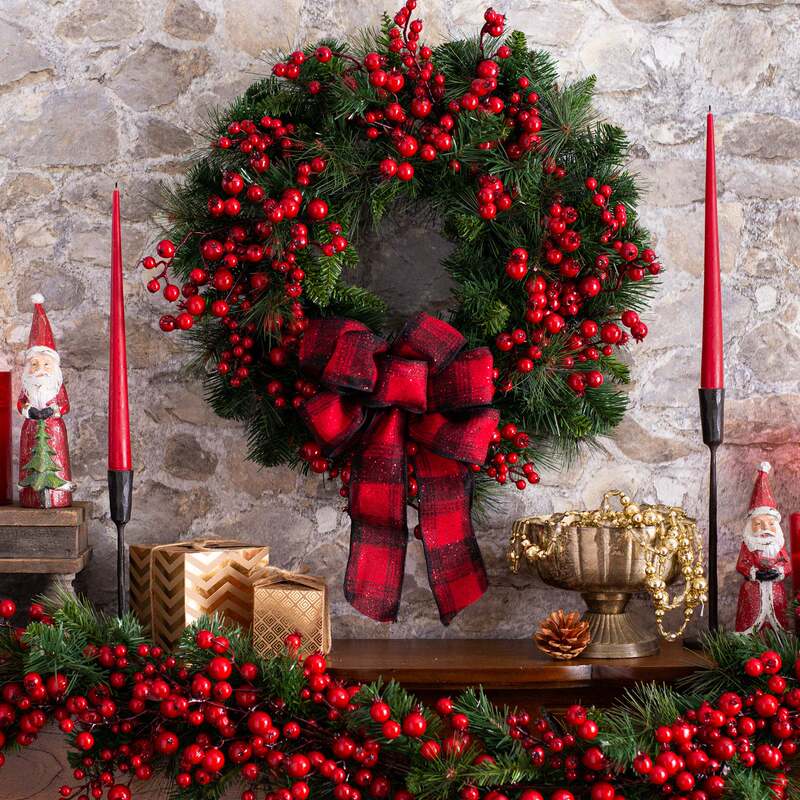 Amazon Mixed Red Berry and Pine Needle Red Fruit Front Door Rustic Holiday Christmas Wreath Red Plaid Bow