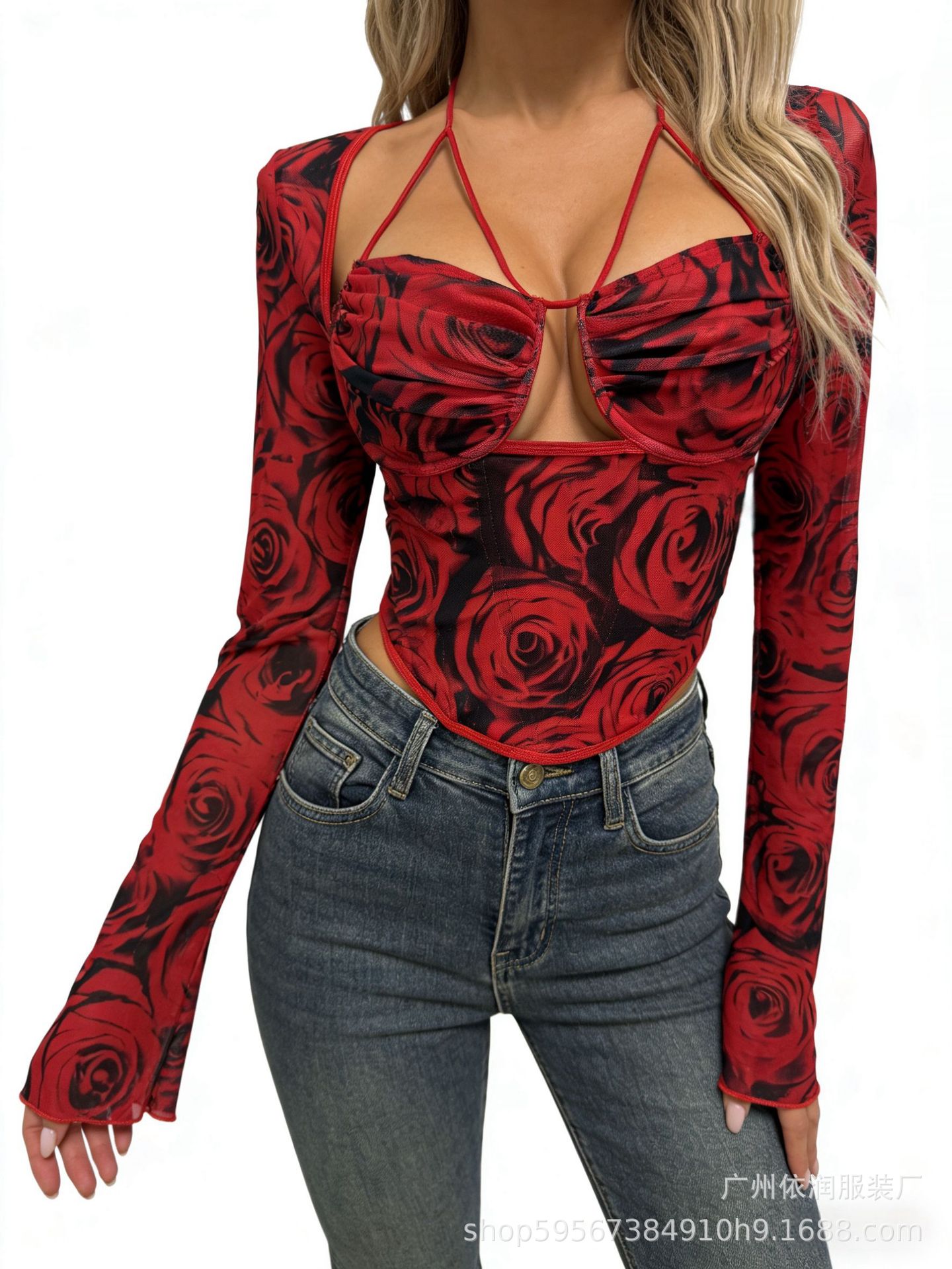 Comercio exterior Europa y Estados Unidos primavera y otoño nuevo chaqueta cuello cuello colgando anillo de acero de hueso de tiburón perspectiva sexy mostrando el pecho malla camisa de manga larga image 11