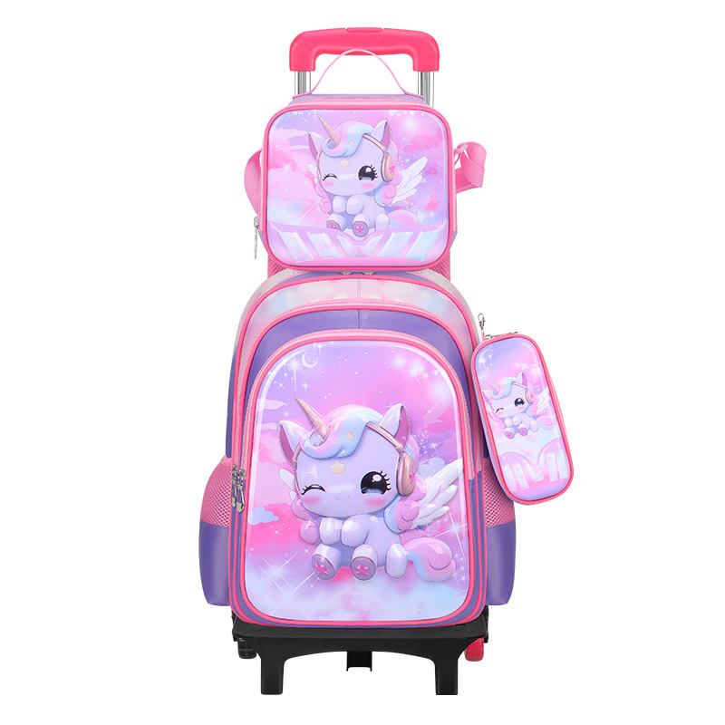 Juego de mochila escolar de nailon de tres piezas, mochila infantil para estudiantes de primaria, mochila ligera con ruedas, lonchera bonita