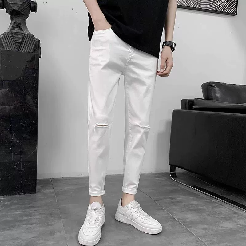 2024 новые весенне-осенние мужские узкие рваные укороченные джинсы белого цвета длиной 9/10