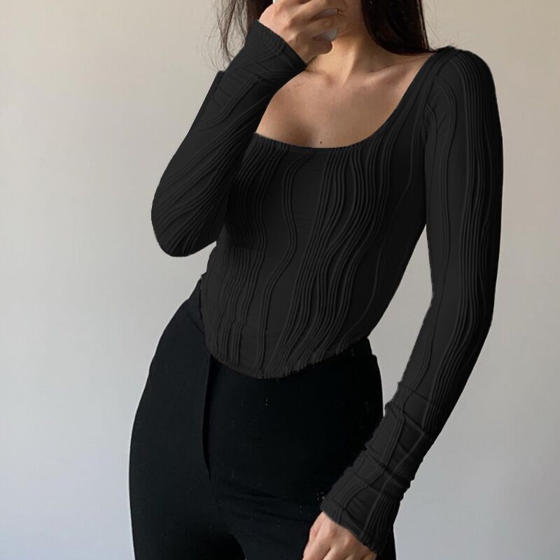 Ropa transfronteriza de mujer Amazon 2023 otoño popular cuello en U superior ondulación del agua cintura delgada sexy Camiseta de manga larga para mujeres image 4