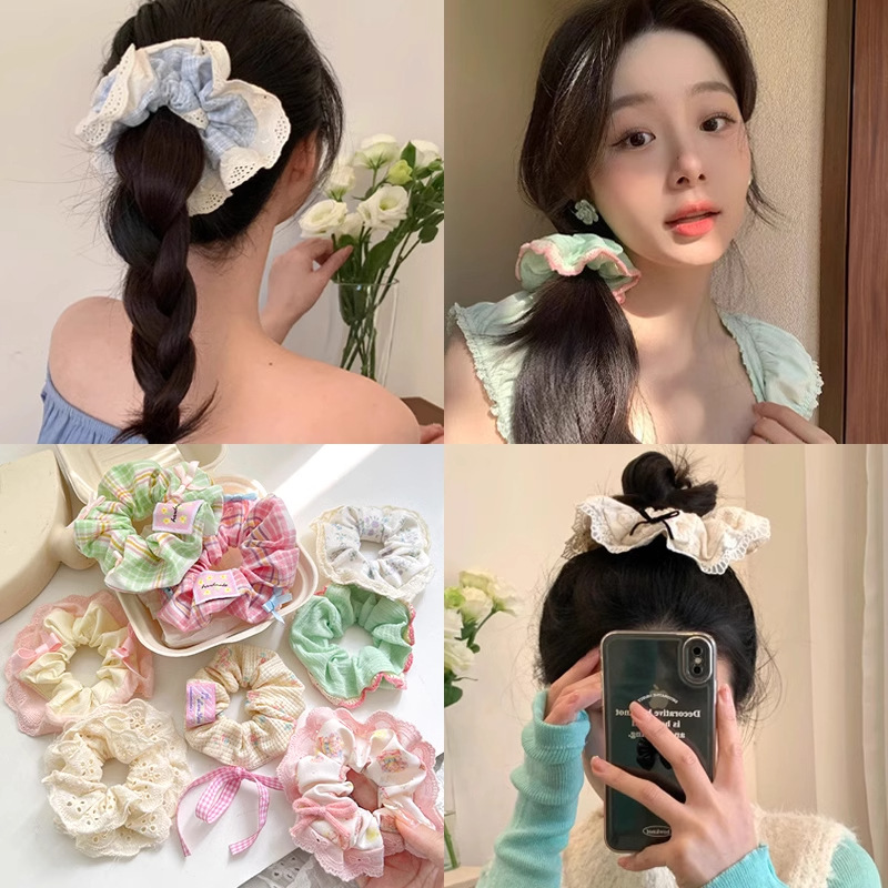 Primavera nueva corbata de pelo de intestino grueso para niños accesorios para el cabello de encaje dulce niña cabeza de bebé flor cuerda para la cabeza tocado de cuerda para el cabello japonés