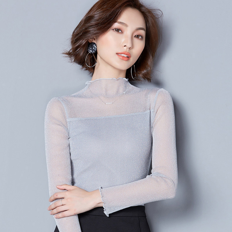 Bright Silk See-Through Mesh Bottoming Shirt for Women, Long-Sleeved New Spring & Fall Style, Half Turtleneck Transparent Shirt, Glitter Silk Short Style