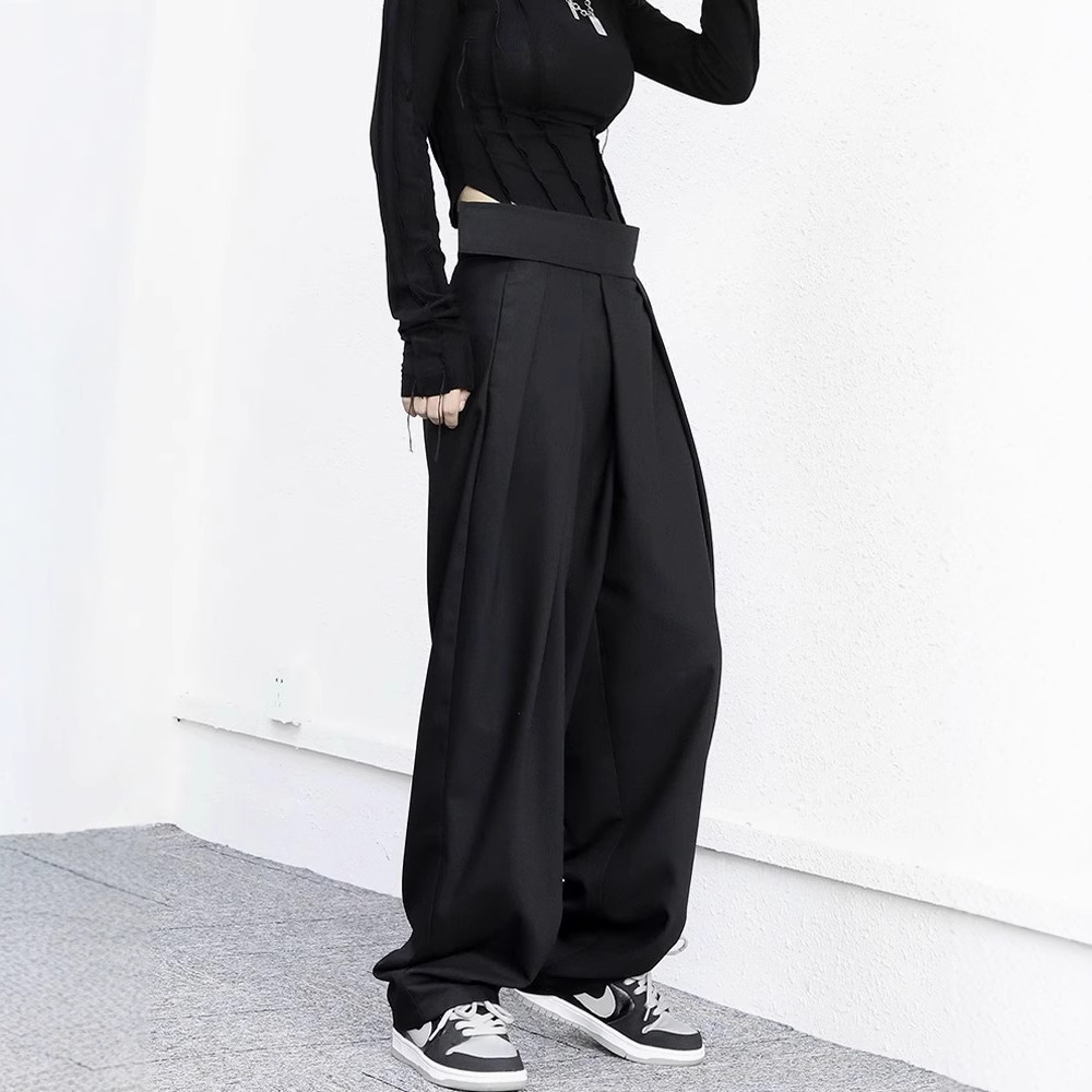 Mountain Wind Dark Black Design Loose Hook-and-Bar Suit Pants Wide Leg Floor-Length Slimming Stylish Unisex Casual Pants Trendy