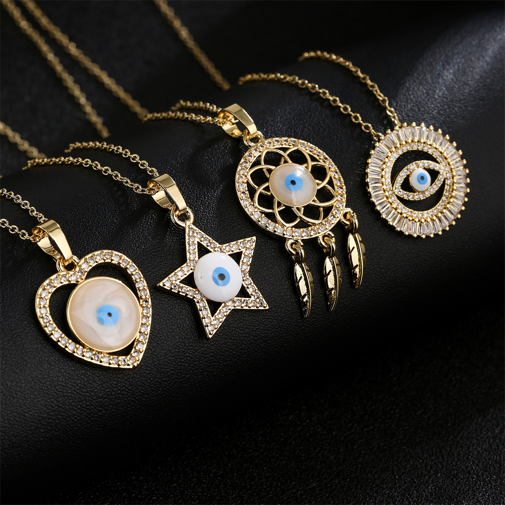 Fashion retro copper 18K gold zircon drip oil eye geometric shape pendant necklace