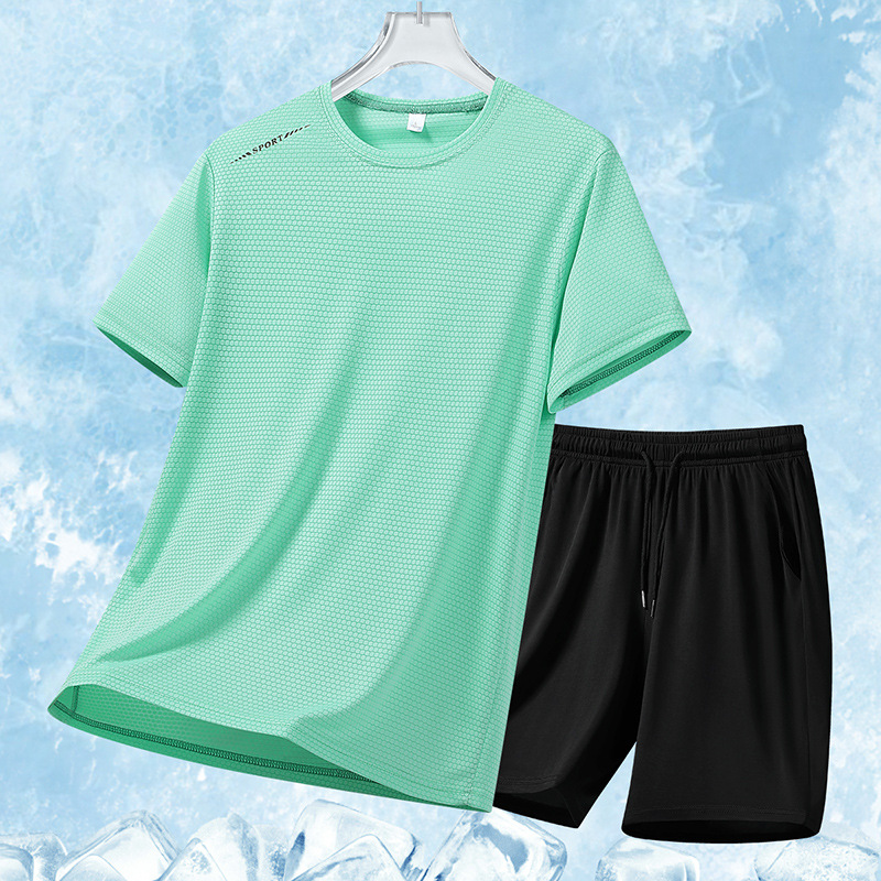 Ice Silk Summer Traje deportivo casual para hombre Cool suelto de dos piezas para hombre Camiseta transpirable de secado rápido Pantalones cortos para hombre