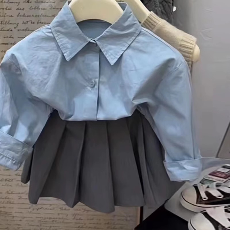 套装蓝色衬衫+灰色宝宝裙