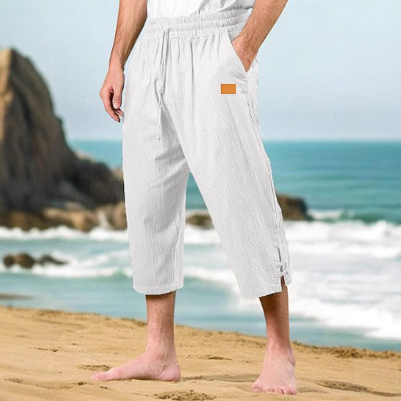 Men's Linen Short-Sleeve Summer Long Pants Beach Pants Solid Color with Split Hems Comfortable Breathable Casual Daily Vacation Wear