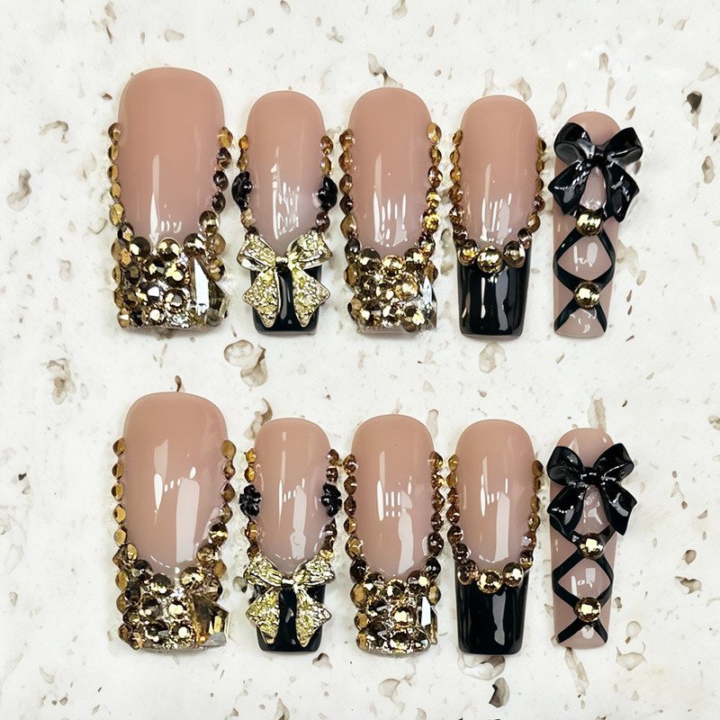 New European and American Square Black French Wear Nails Cross-Border Popular Handmade Push-On Manicure Fake Nail Patches