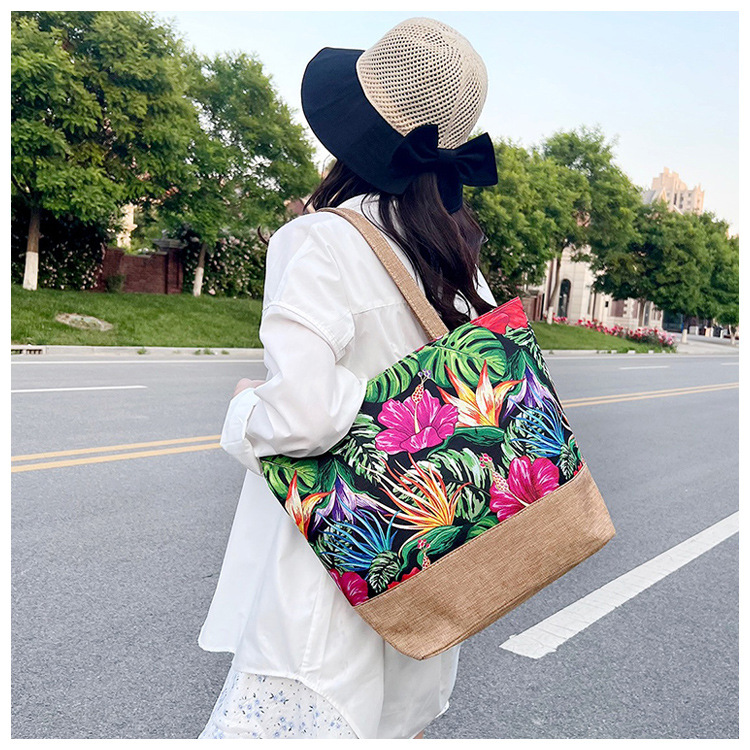 172g Weight Open Closure Type Double Shoulder Straps Strap Type Shoulder Bag Bags Type Travel, Street Occasion Canvas Material Tropical Pattern All Seasons Season Women's Gender Vacation Style Large Size Women's Large Canvas Tropical Vacation Open Shoulder Bag 7
