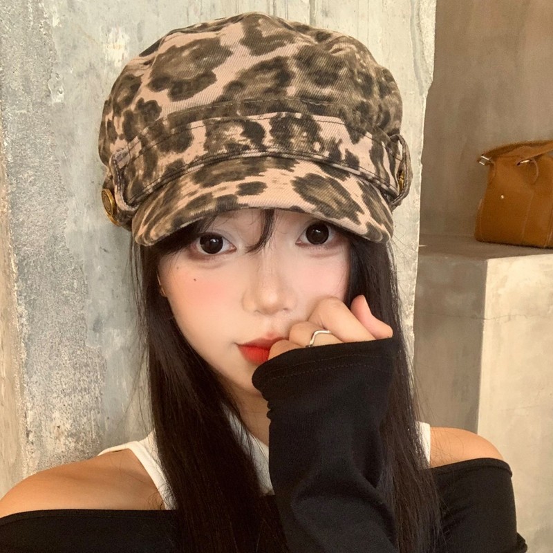 美式复古豹纹平顶鸭舌帽女小众辣妹显脸小贝雷帽大头围报童帽子潮|undefined