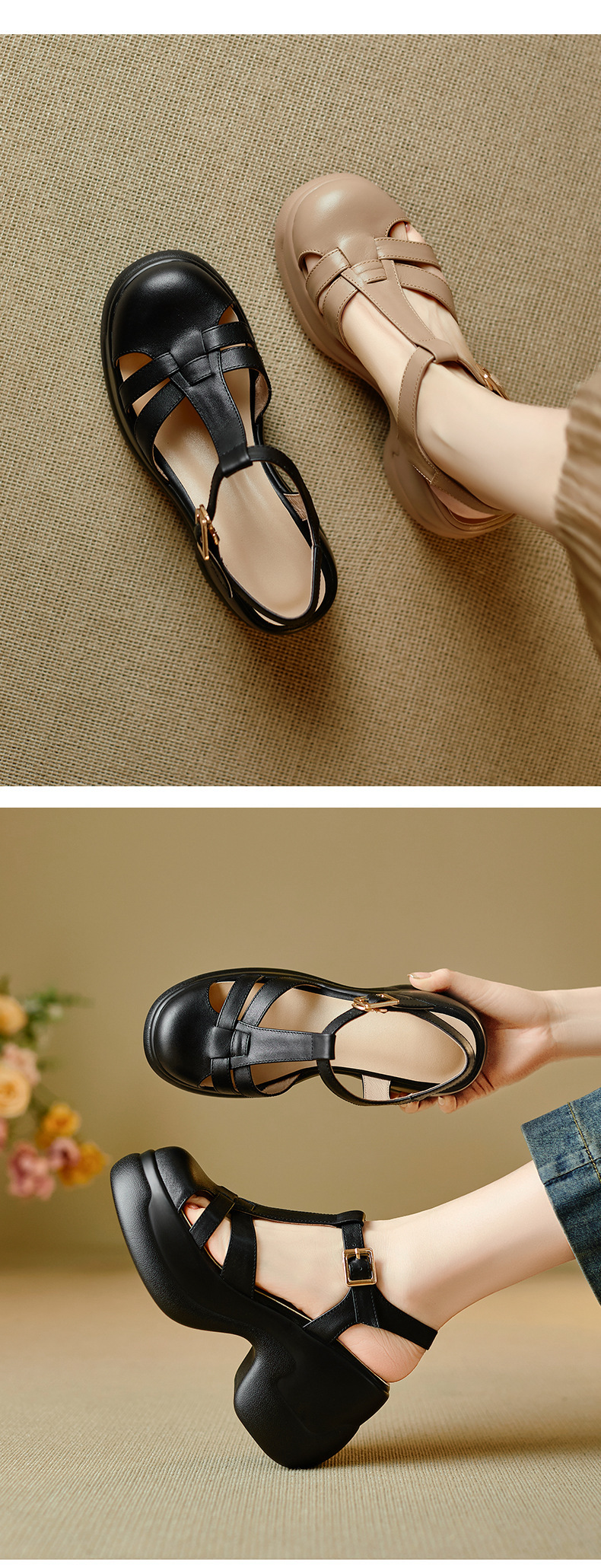 Sandal nữ quai chữ T đế xốp dày phong cách La Mã — đen chi tiết 3