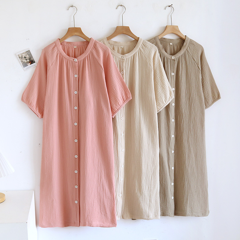 Japanese-style Crepe Pure Cotton Nightdress Women's Loose Home Clothes Summer Thin Double-layer Gauze Home Dress Cardigan Long Dress