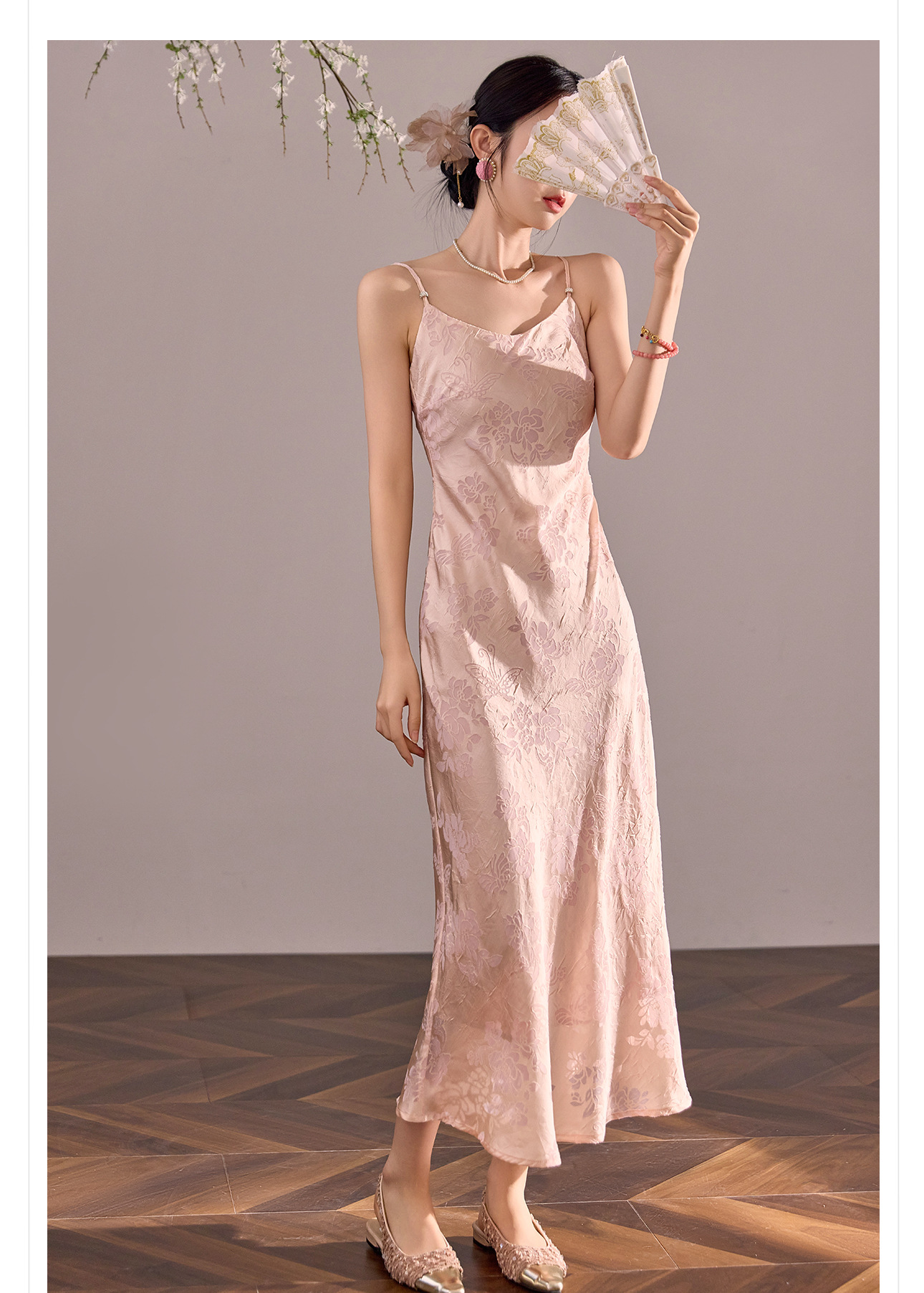 Đầm maxi nữ quốc phong dây mảnh chữ A dáng dài thắt eo — màu đen chi tiết 10