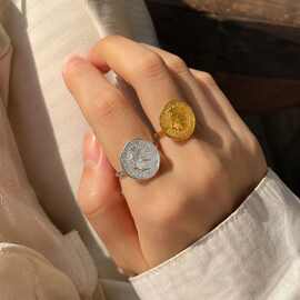 铸艺18k金不锈钢复古硬币开口戒指女欧美个性可调节金银双色指环