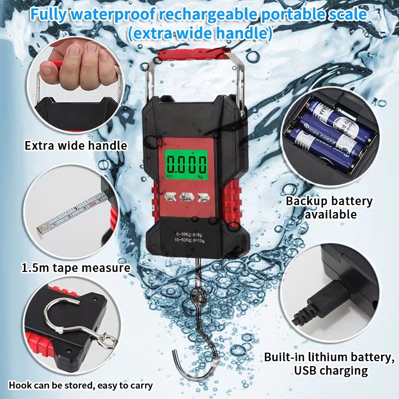 2023 nueva escala portátil, escala de equipaje, escala electrónica, escala a prueba de agua, recargable con cinta de medición 50 kg