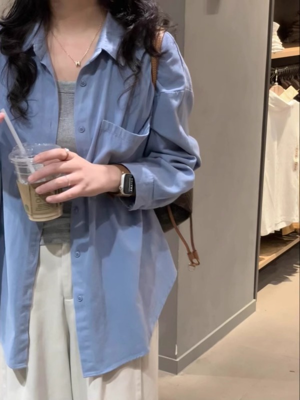 100%雾霾蓝色纯棉长袖衬衫女上衣衬衣防晒外套今年流行漂亮小衫|undefined